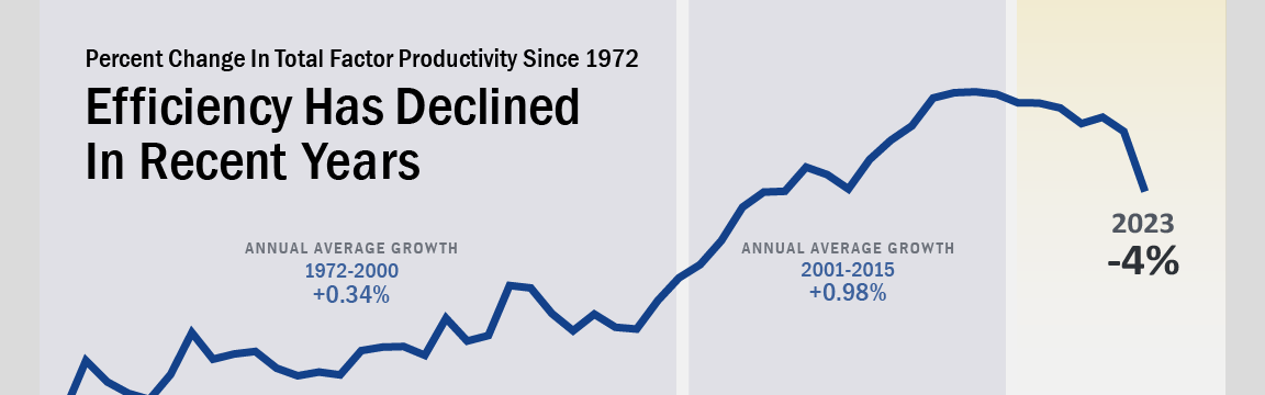 Banner with text: Banner with text: Efficiency  has declined in recent years, as measured by Total Factor Productivity. Background image shows a line chart where 2023 showed a decrease of 4%.