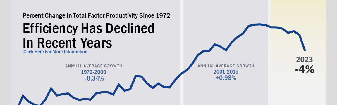 Banner with text: Banner with text: Efficiency  has declined in recent years, as measured by Total Factor Productivity. Background image shows a line chart where 2023 showed a decrease of 4%.