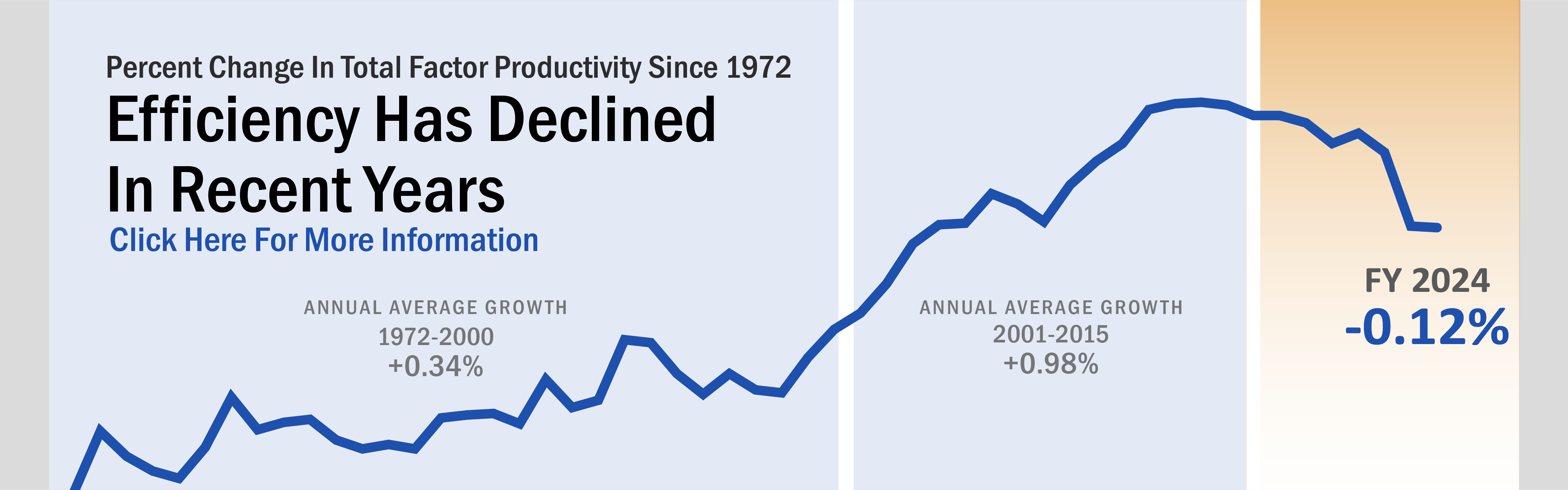 Banner with text: Efficiency has declined in recent years, as measured by Total Factor Productivity. Background image shows a line chart where FY 2024 showed a decrease of .12 percent. 
