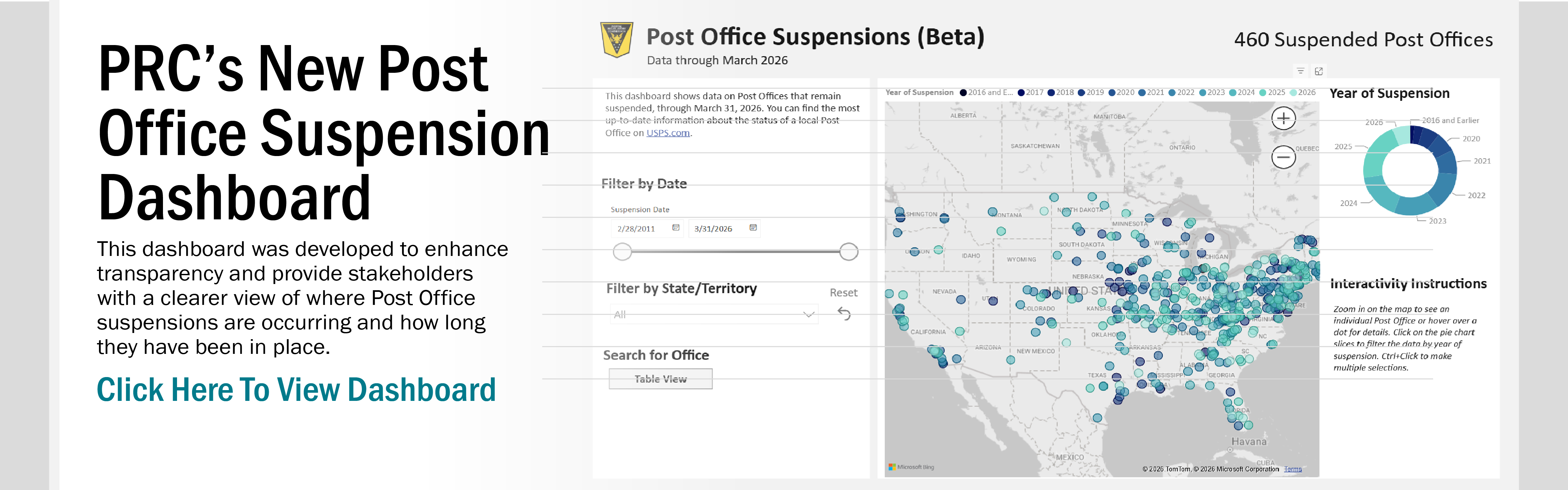 Postal Regulatory Commission’s post office suspensions dashboard. Background image shows the dashboard with a map of the United States showing the locations of the suspended post offices. 